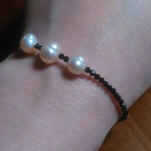 Freshwater Pearl and Black Spinel Sterling Silver Bracelet
